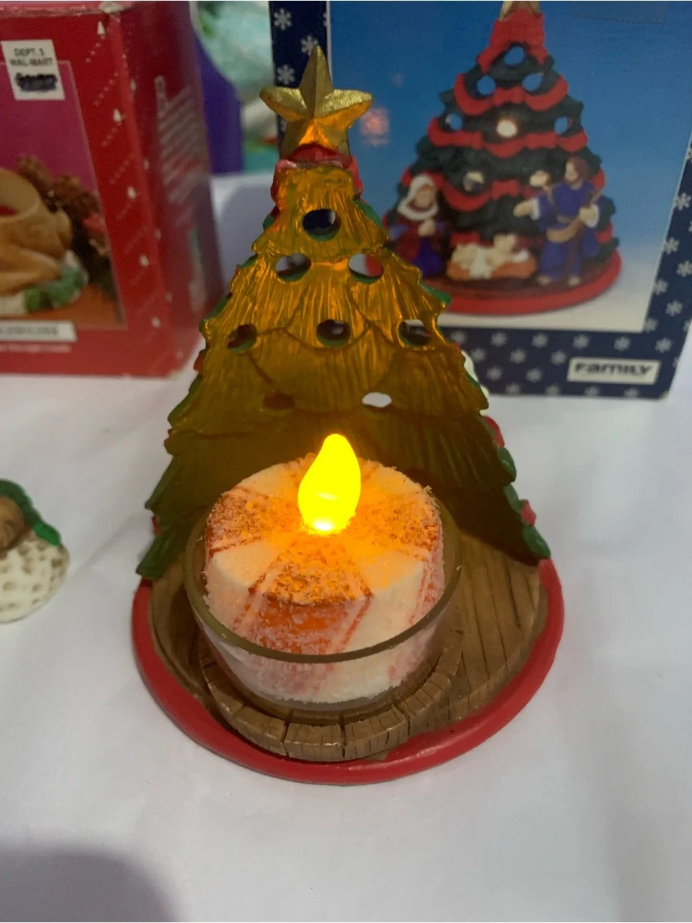 Two Ceramic Christmas Tea Lite Candleholders Deer Tree Nativity